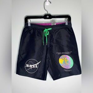 NASA Men's Black Swim Board Shorts with Green Drawstring